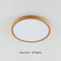 Uitgeschakelde ronde plafondlamp met lichte houtlook rand en melkwitte diffuser tegen een licht plafond. 19