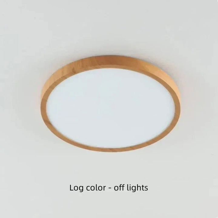 Uitgeschakelde ronde plafondlamp met lichte houtlook rand en melkwitte diffuser tegen een licht plafond. 19