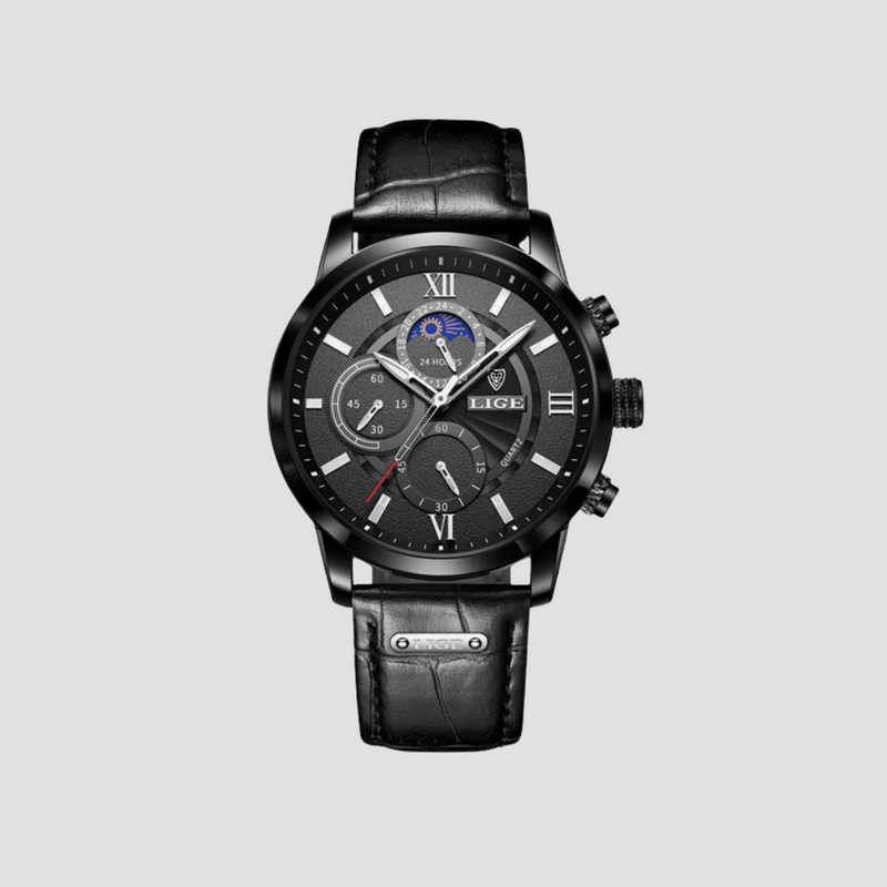 Klassieke herenhorloge met quartzuurwerk en leren band – Davion