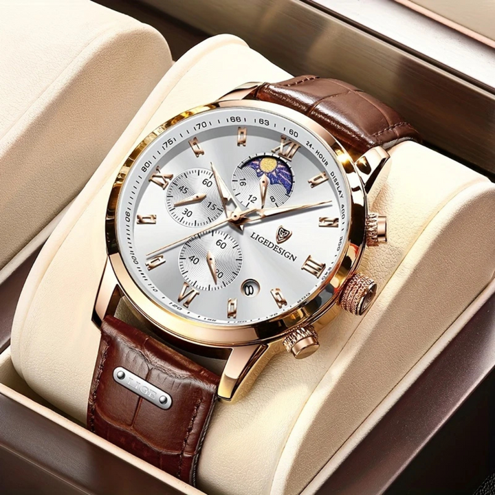 Klassieke herenhorloge met quartzuurwerk en leren band – Davion