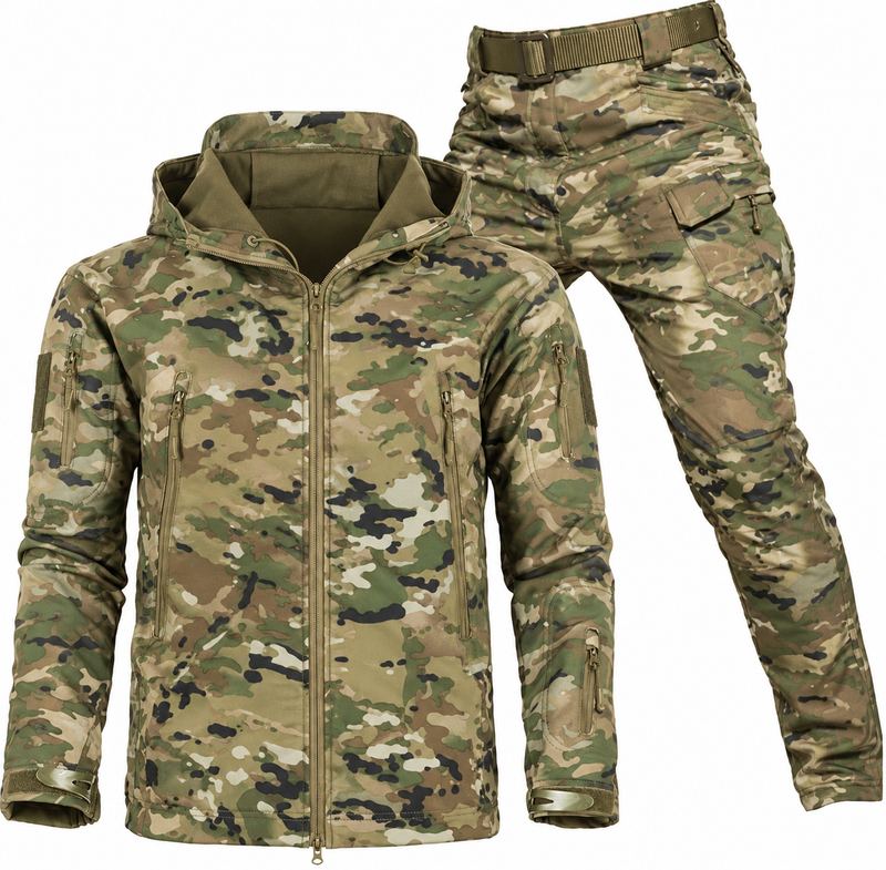 Camouflageset met geopende kap waarin de fleecevoering zichtbaar is, naast de bijpassende cargobroek met riem. 14