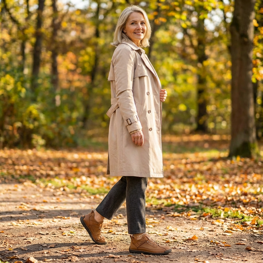Wandelende vrouw in beige trenchcoat op een bospad vol herfstbladeren, gekleed in bruine leren sneakers met veters. 18
