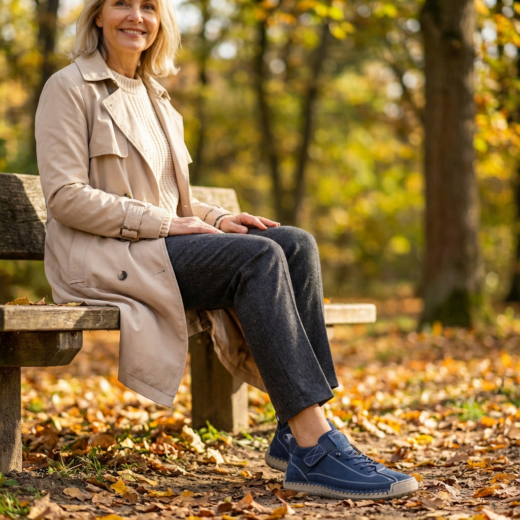 Lachende vrouw in beige trenchcoat zit op een bankje in het herfstbos en draagt de sneakers in donkerblauw. 21