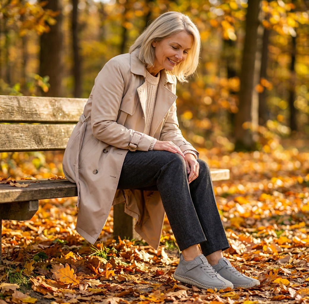 Vrouw in trenchcoat zit op een houten bankje tussen herfstbladeren en kijkt naar haar grijze sneakers met klittenbandsluiting. 22