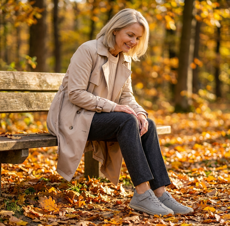 Vrouw in trenchcoat zit op een houten bankje tussen herfstbladeren en kijkt naar haar grijze sneakers met klittenbandsluiting. 22