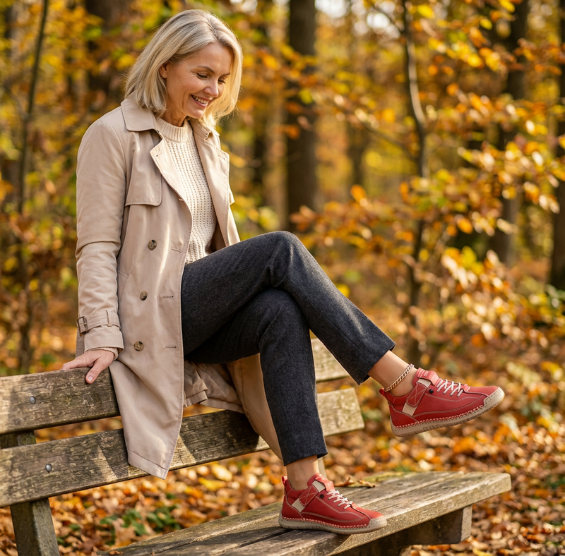 Vrouw zit op een bankje in het herfstbos met één been opgetild, zodat de rode sneakers goed zichtbaar zijn. 23