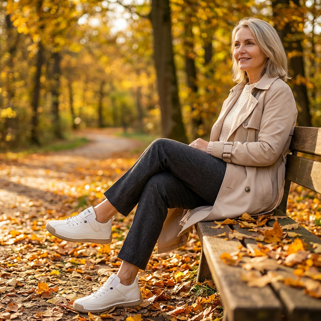 Vrouw met beige trenchcoat zit op een bankje in een herfstpark en draagt witte sneakers met veters, benen over elkaar. 16
