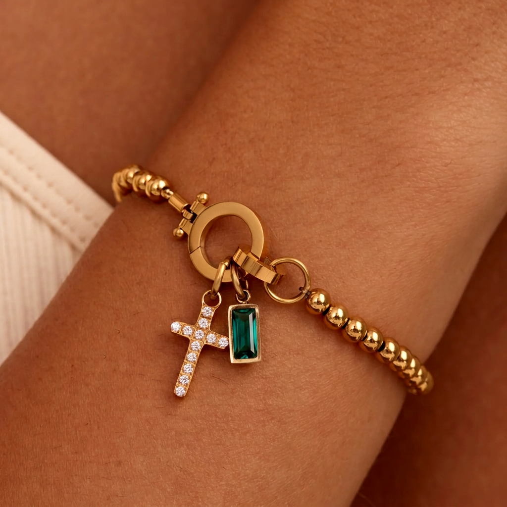 Nova Bead Birthstone Bracelet with Cross Charm 23