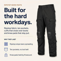 Zwarte ripstop werkbroek met kniekappen en beenzakken naast een lijst met de belangrijkste voordelen van de broek. 4