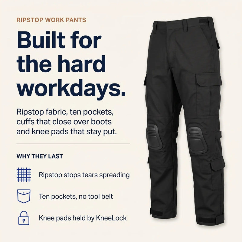 Zwarte ripstop werkbroek met kniekappen en beenzakken naast een lijst met de belangrijkste voordelen van de broek. 4