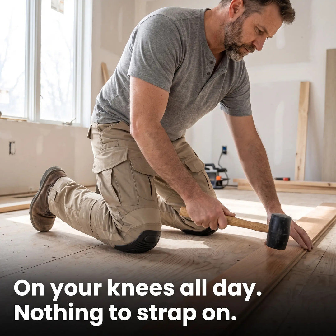 Klusser in beige werkbroek knielt op een houten vloer en slaat met een rubberen hamer, de kniebescherming rust op de grond. 3
