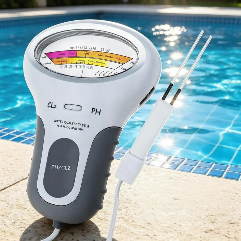Wit-grijze waterkwaliteitstester met analoge wijzerplaat en losse sonde met twee pennen, op de rand van een zwembad in de zon. 1
