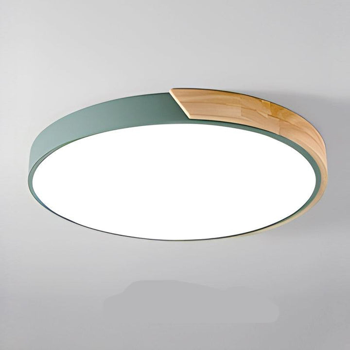 Groene ronde plafondlamp met houten accent langs een deel van de rand, los afgebeeld op lichtgrijze achtergrond. 13