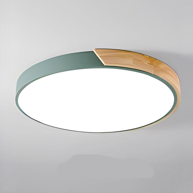 Groene ronde plafondlamp met houten accent langs een deel van de rand, los afgebeeld op lichtgrijze achtergrond. 13