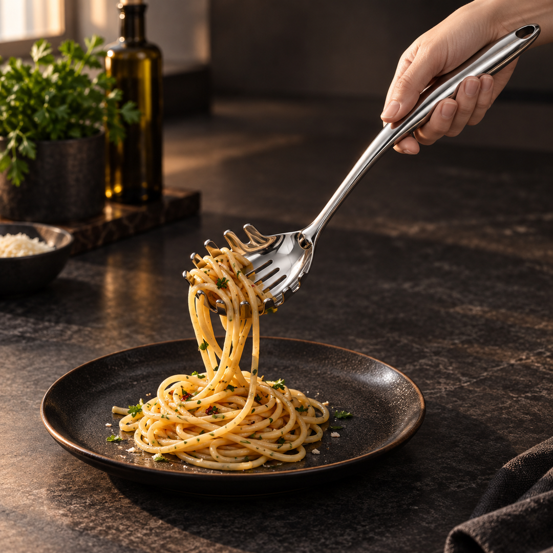 Hand tilt met de spaghettilepel een portie spaghetti met kruiden op boven een donker bord. 11
