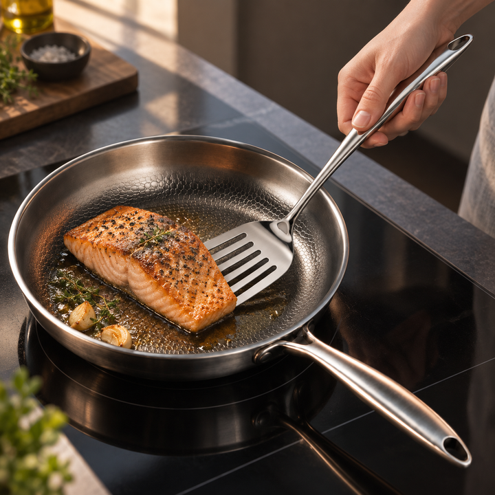 Hand draait met de gleufspatel een gebakken zalmfilet in een roestvrijstalen pan met knoflook en tijm op een inductiekookplaat. 10