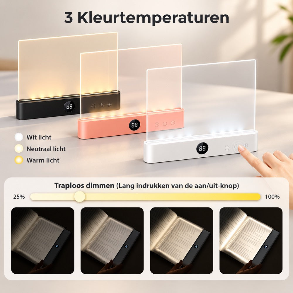 Drie lampen in zwart, roze en wit tonen verschillende lichtkleuren en vier helderheidsniveaus op een boek 12