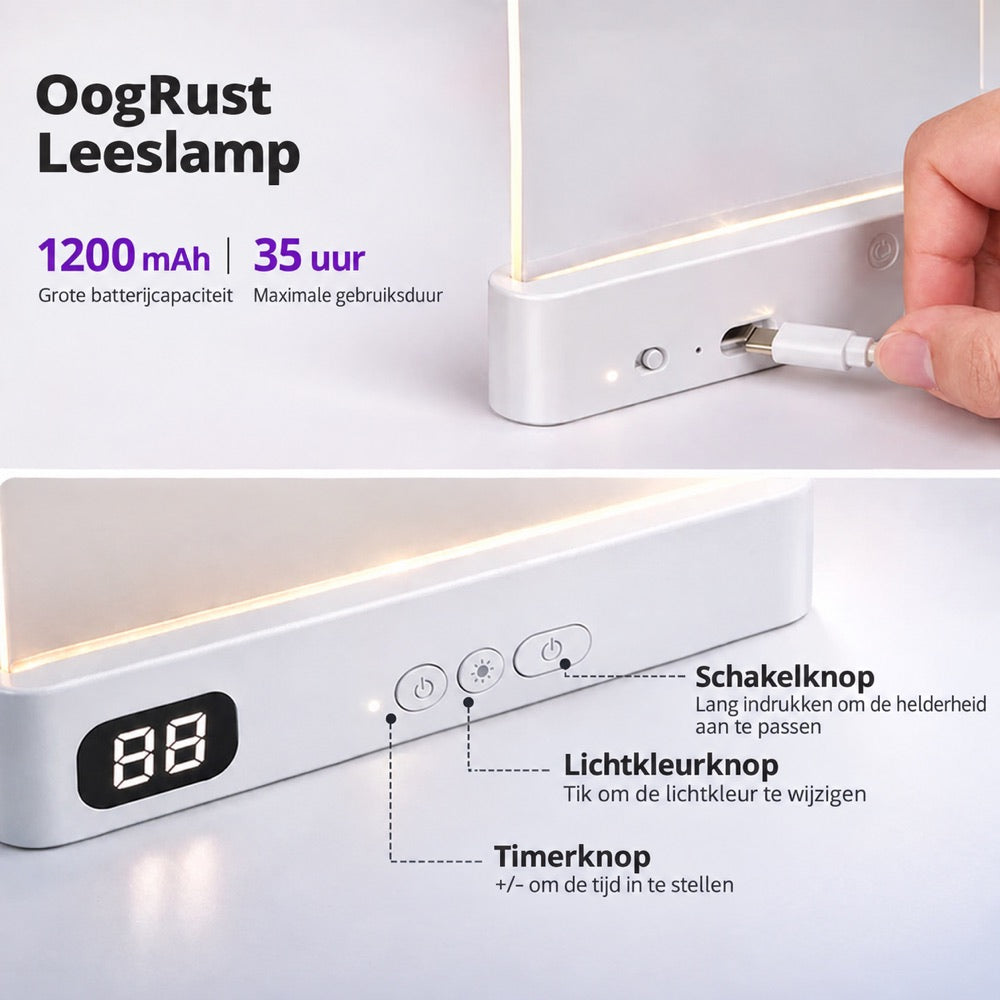 Detailbeelden van de oplaadpoort met USB-kabel en de knoppen en tijdweergave aan de onderkant van de lamp 8