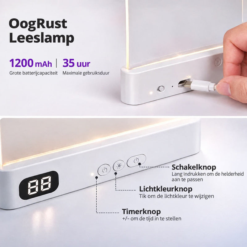 Detailbeelden van de oplaadpoort met USB-kabel en de knoppen en tijdweergave aan de onderkant van de lamp 8