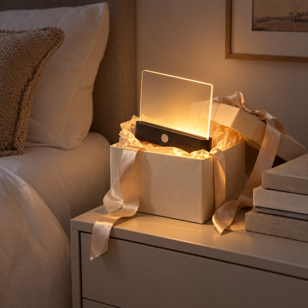 Brandende lamp in een open geschenkdoos met lint op een nachtkastje naast het bed 11