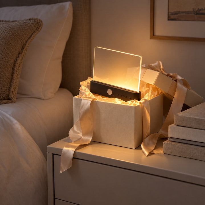 Brandende lamp in een open geschenkdoos met lint op een nachtkastje naast het bed 11