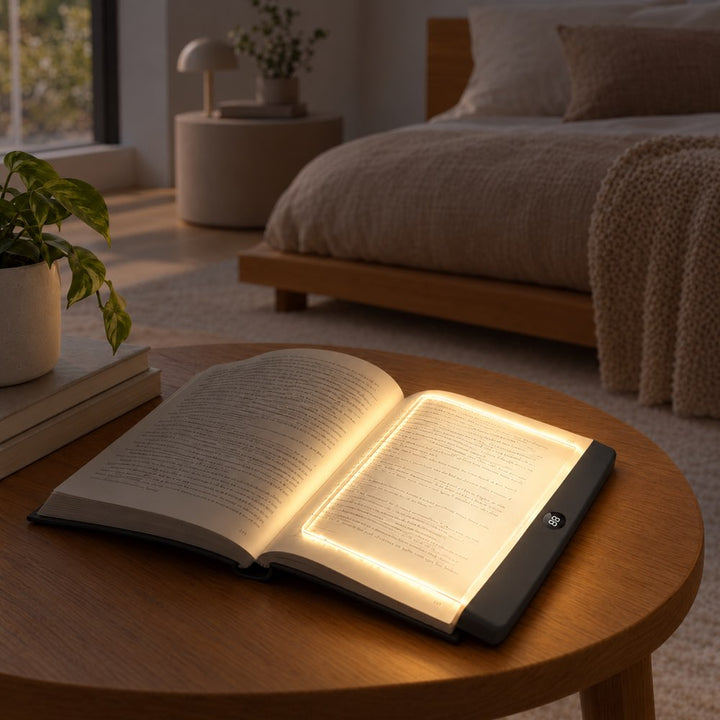 Verlichte leeslamp op een opengeslagen boek op een houten salontafel, met een slaapkamer op de achtergrond 7