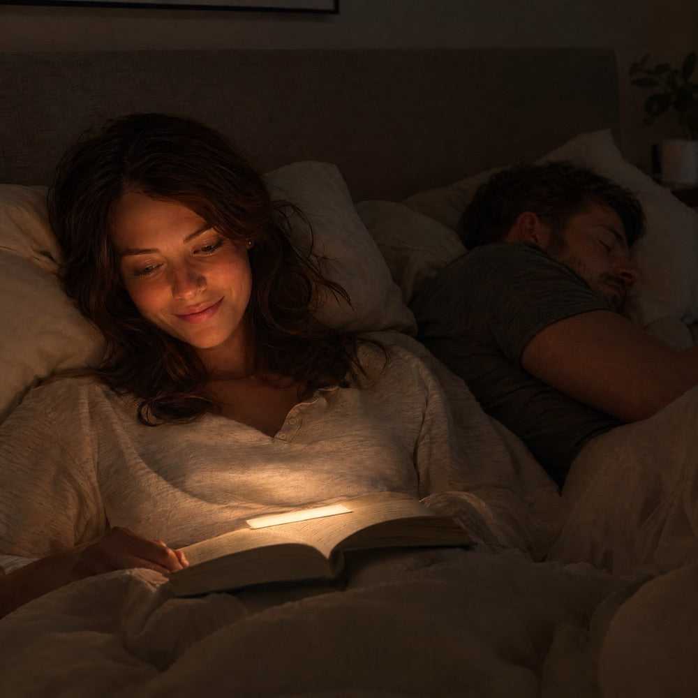 Vrouw leest in bed bij zacht licht van de lamp op haar boek, terwijl haar partner slaapt 2