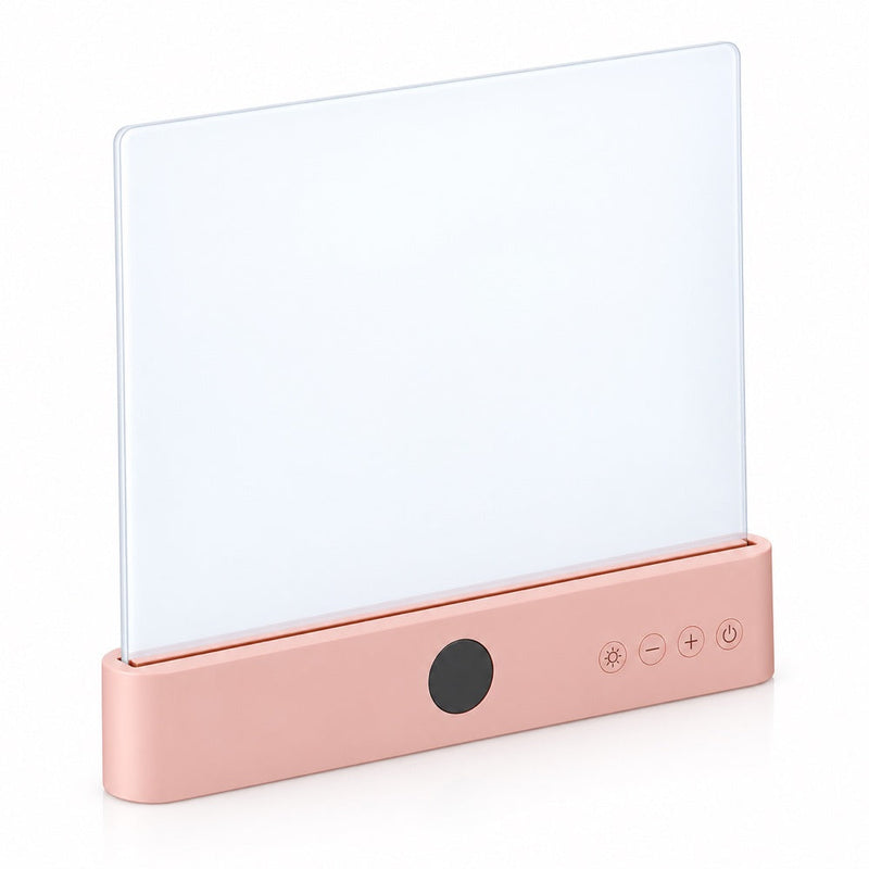Roze staande lamp met lichtgevend paneel en bedieningsknoppen, schuin van voren gezien 16