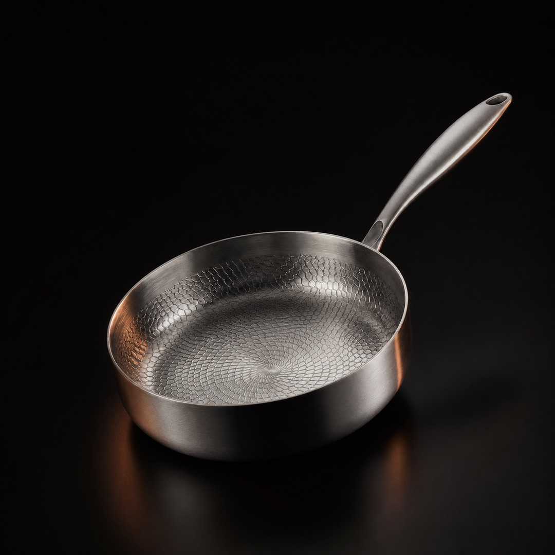 Schuin bovenaanzicht van de lege pan met het gehamerde schubbenpatroon in de bodem op zwarte achtergrond 1