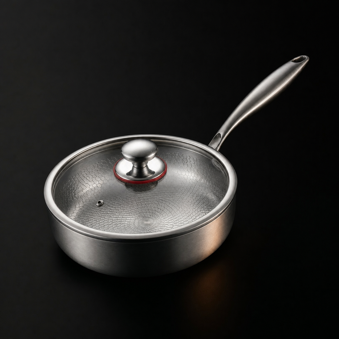 Pan met glazen deksel en metalen knop, waardoor het patroon in de bodem doorschemert 3