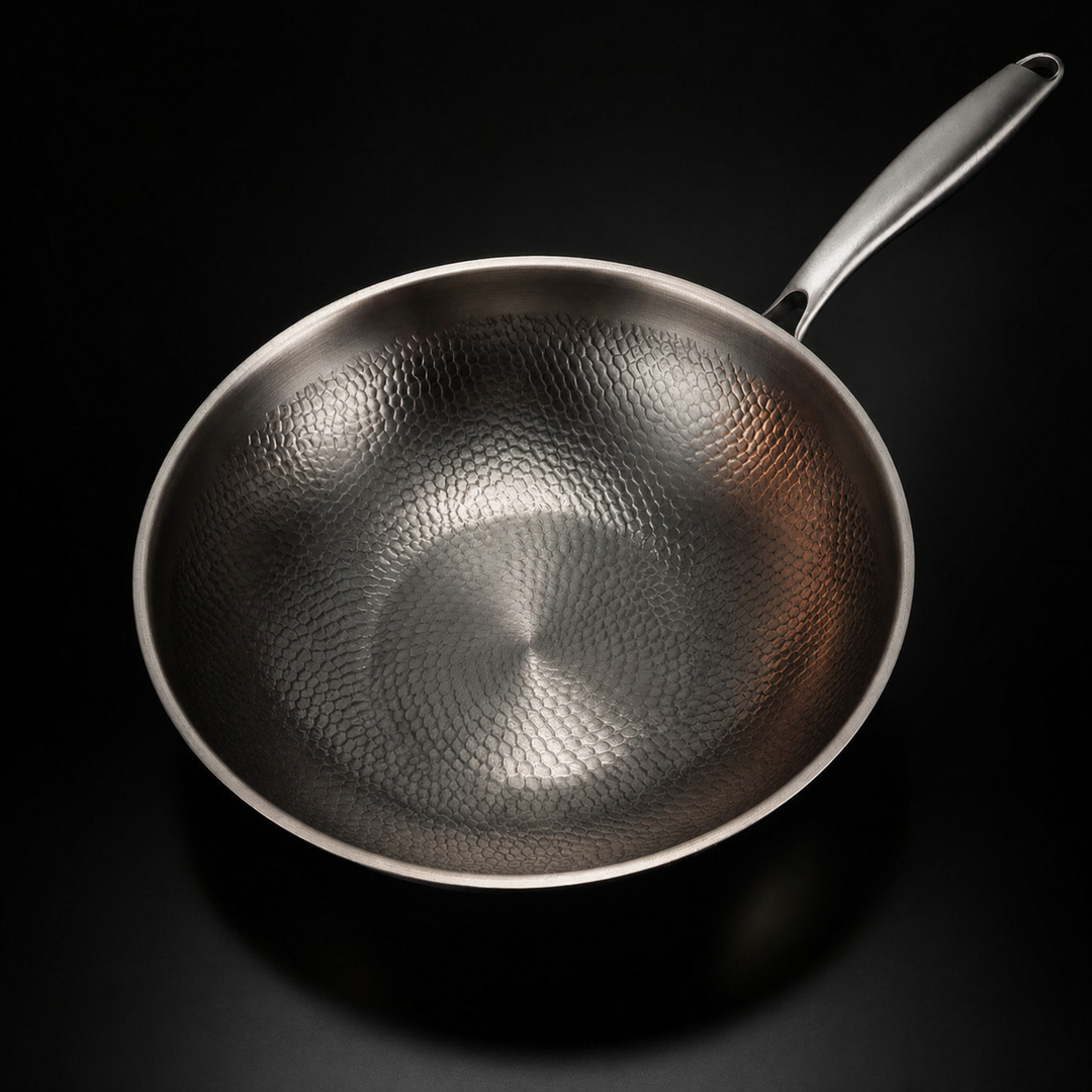 Wokpan van bovenaf gezien, met het gehamerde schubbenpatroon in de binnenkant goed zichtbaar en de steel rechtsboven. 2