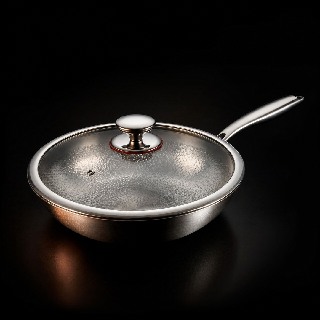 Wokpan met een glazen deksel met metalen knop en stoomgaatje, schuin van opzij op een donkere achtergrond. 3