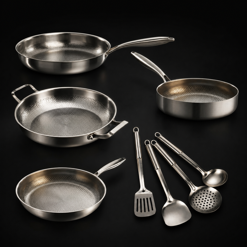 Hand-Hammered Titanium Family Set: 4 Pans & Utensils 1