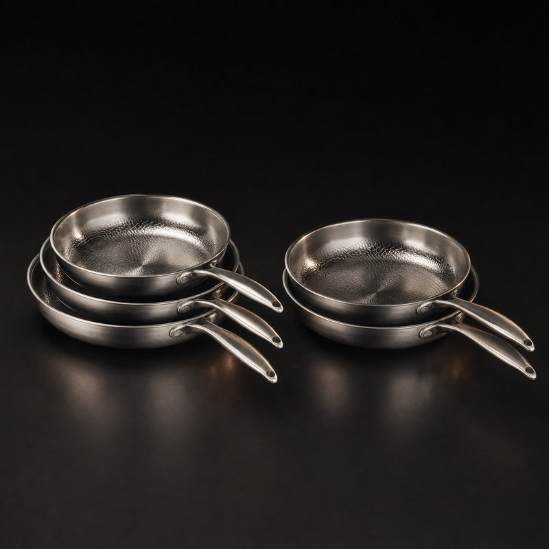 Hand-Hammered Titanium Frying Pan Set with 2 Lids, 5 Sizes 8-12 In 2