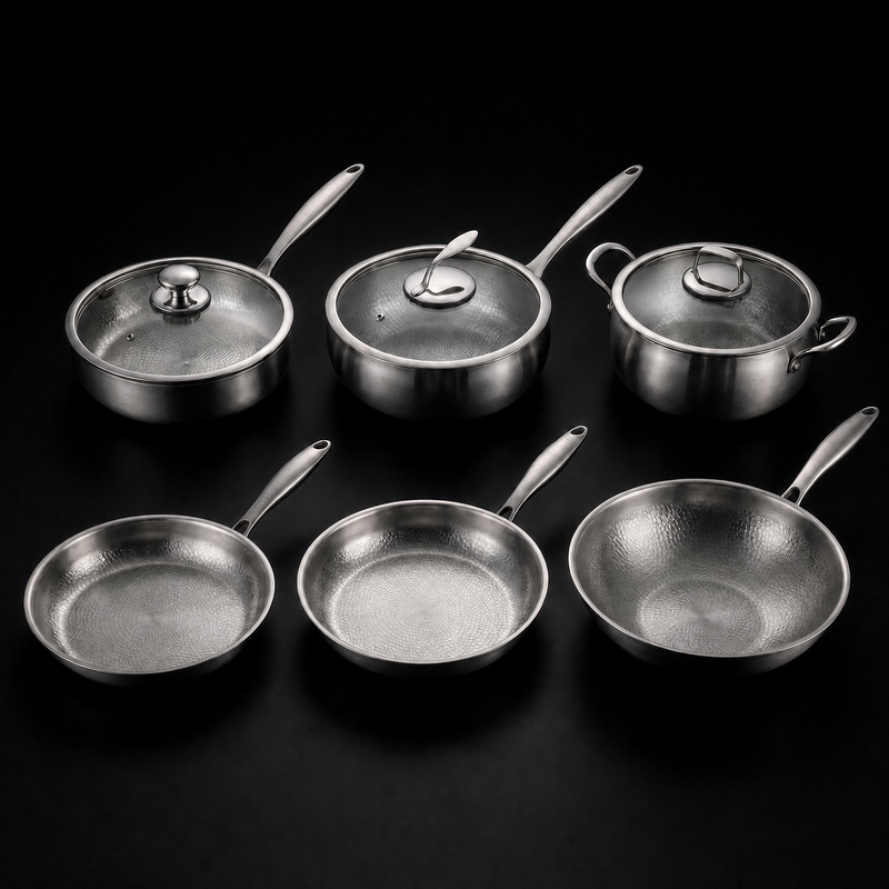 Hand-Hammered Titanium Kitchen Set with 3 Lids (10, 11 & 12 Inch) 1
