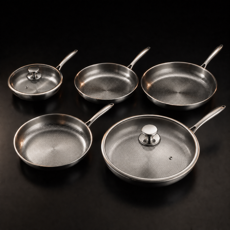 Hand-Hammered Titanium Frying Pan Set with 2 Lids, 5 Sizes 8-12 In 1