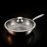 Wokpan met glazen deksel en metalen knop op een donkere ondergrond, met warme weerspiegelingen in het metaal. 4