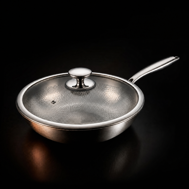 Wokpan met glazen deksel en metalen knop op een donkere ondergrond, met warme weerspiegelingen in het metaal. 4