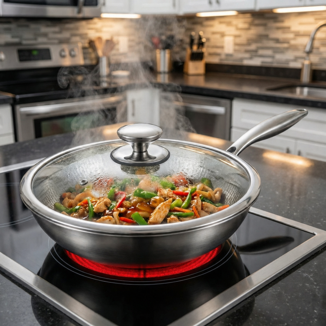 Wok met glazen deksel en roerbakgerecht met kip en groente op een kookplaat met rood gloeiend element in een keuken. 7