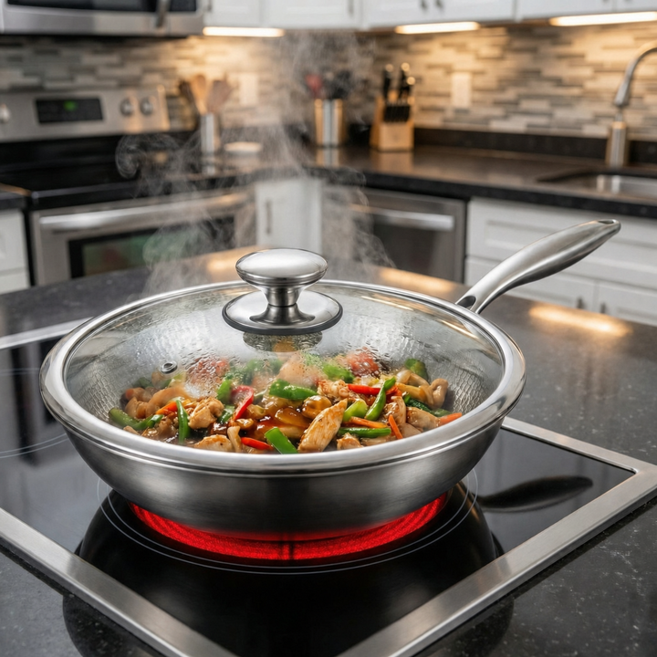 Wok met glazen deksel en roerbakgerecht met kip en groente op een kookplaat met rood gloeiend element in een keuken. 7