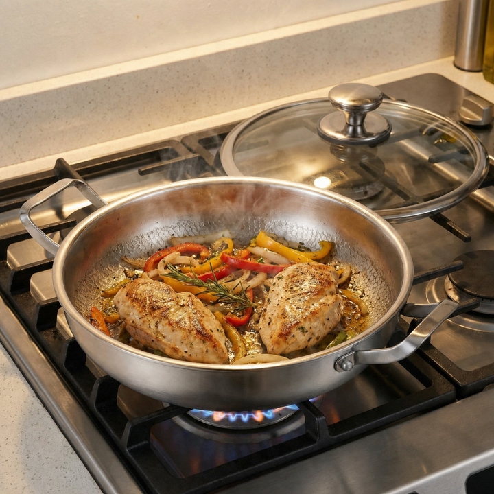 Pan op een gasfornuis met twee gebakken kipfilets en paprikareepjes, het glazen deksel ligt ernaast. 5