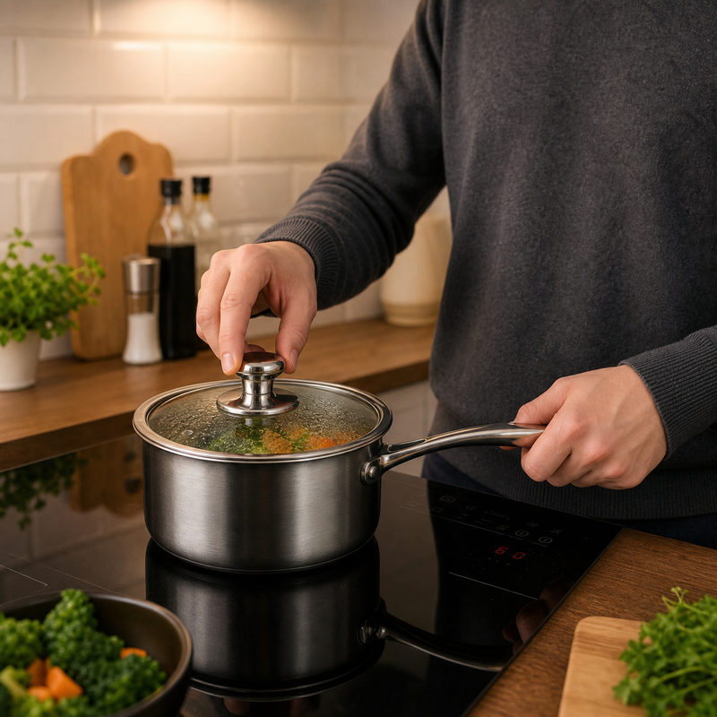 PFAS-Free Titanium Saucepan with Lid, Hand-Hammered 4