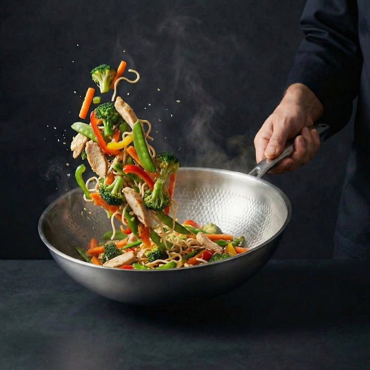 Een hand schudt de wok waaruit noedels, kip en groenten omhoog vliegen, tegen een donkere achtergrond. 9