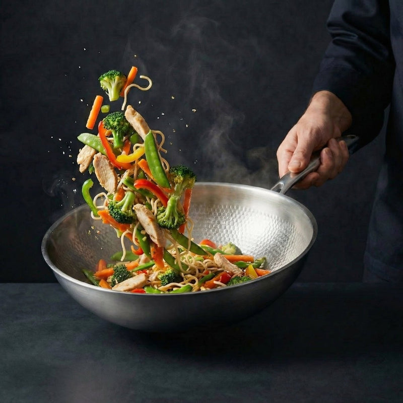 Een hand schudt de wok waaruit noedels, kip en groenten omhoog vliegen, tegen een donkere achtergrond. 9