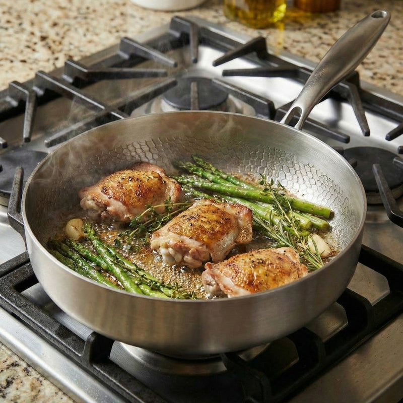 Kippendijen met groene asperges, tijm en knoflook sissen in de pan op een gasfornuis 4