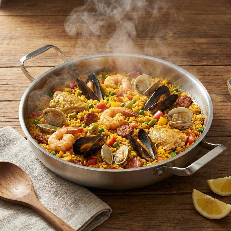 Pan vol paella met garnalen, mosselen, kip en worst op een houten tafel, met houten lepel en citroen. 7