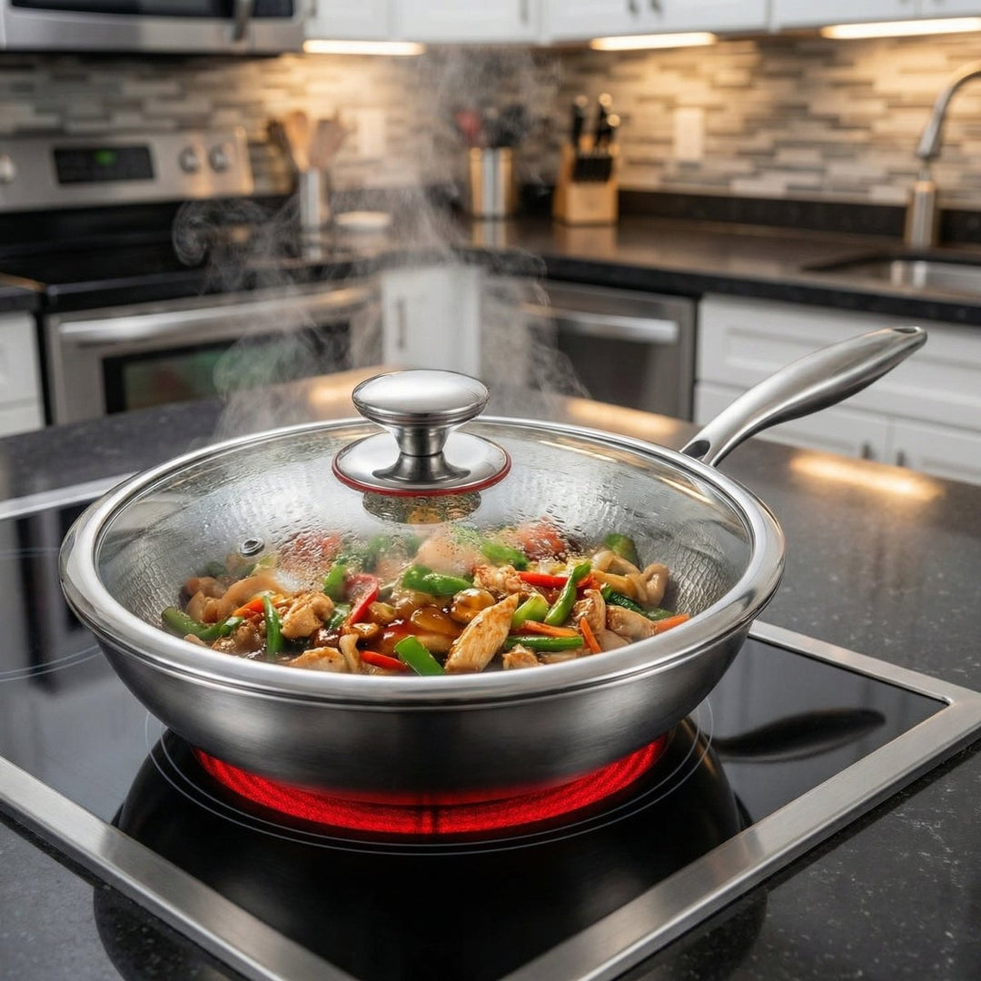 Wokpan met glazen deksel en roerbakgerecht met kip en groenten op een elektrisch kookveld met rood gloeiend element in een keuken. 6