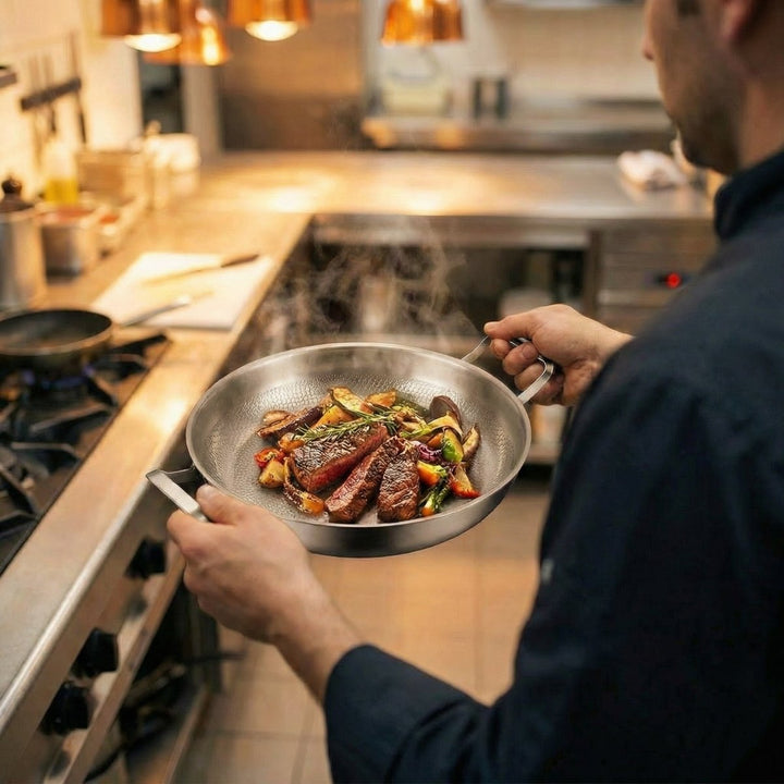 Kok houdt de pan aan beide handgrepen vast in een keuken, gevuld met gebakken biefstukreepjes en groenten. 6