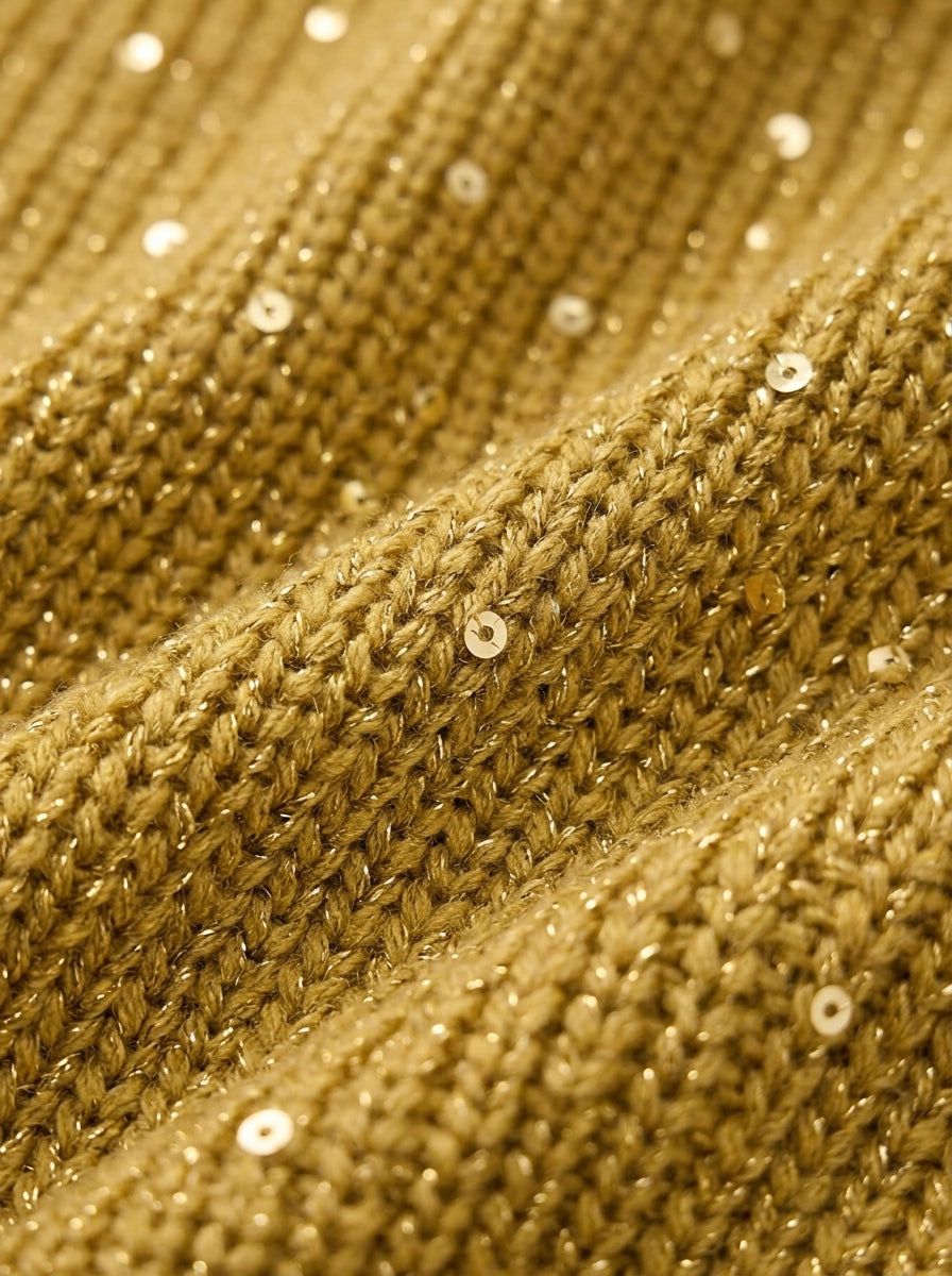 Close-up van de gouden gebreide stof met kleine glinsterende pailletten en metaaldraad. 13