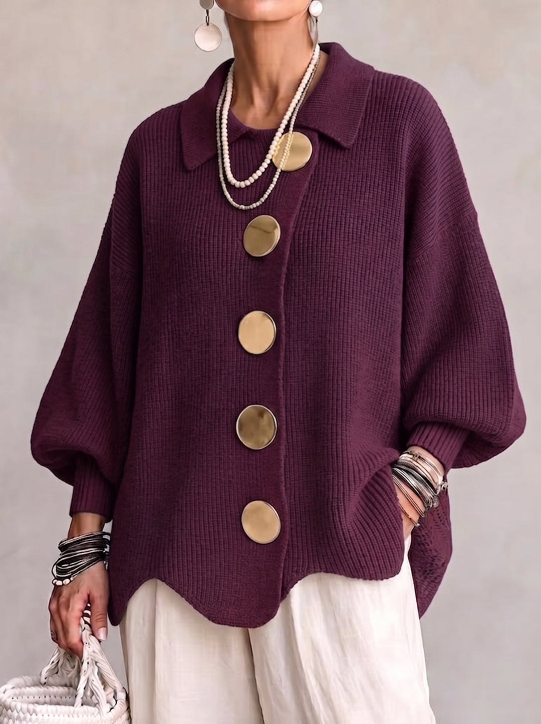 Oversized Collared Cardigan with Large Metal Buttons 3